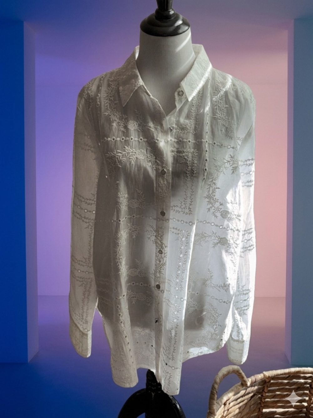 Calypso St. Barth White Sheer Embroidered Eyelet Blouse Cotton Voile MSRP $325 - Picture 2 of 10